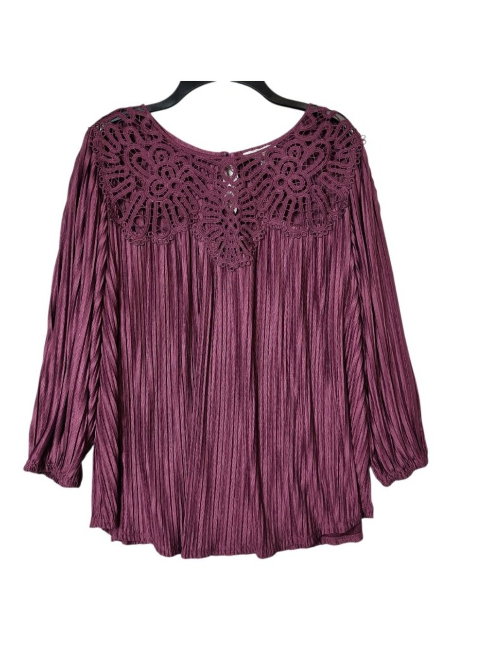 Rio & Rian Womens 2X Plum Crinkle Blouse Crochet Lace Yoke Boho 3/4 Sleeve